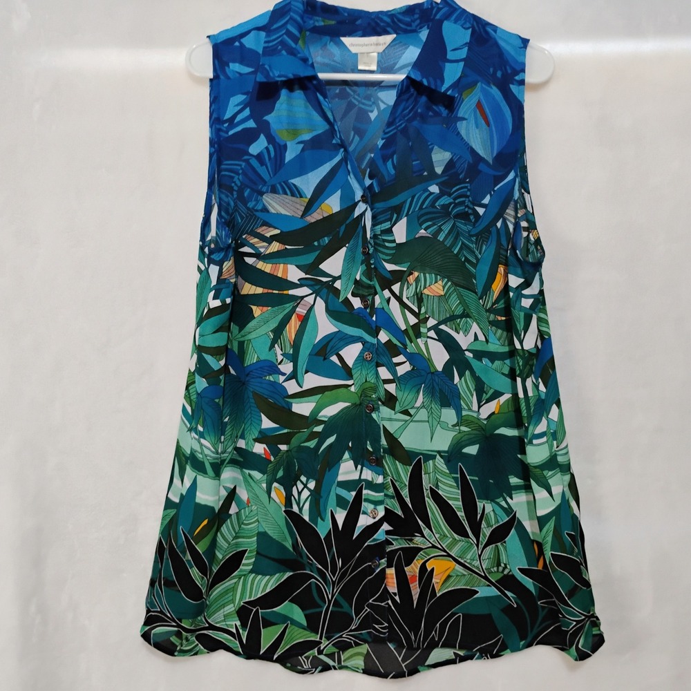 Christopher & Banks Womens Large Blue Green Tropical Leaf Sleeveless Sheer Top W